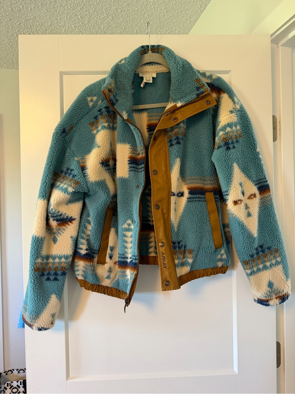 Ariat Teal Cream Aztec Sherpa Jacket with Tan Trim